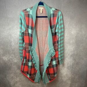 Matilda Jane Cardigan Sweater Women Small Steadfast Plaid Fringe Trim Knit Open